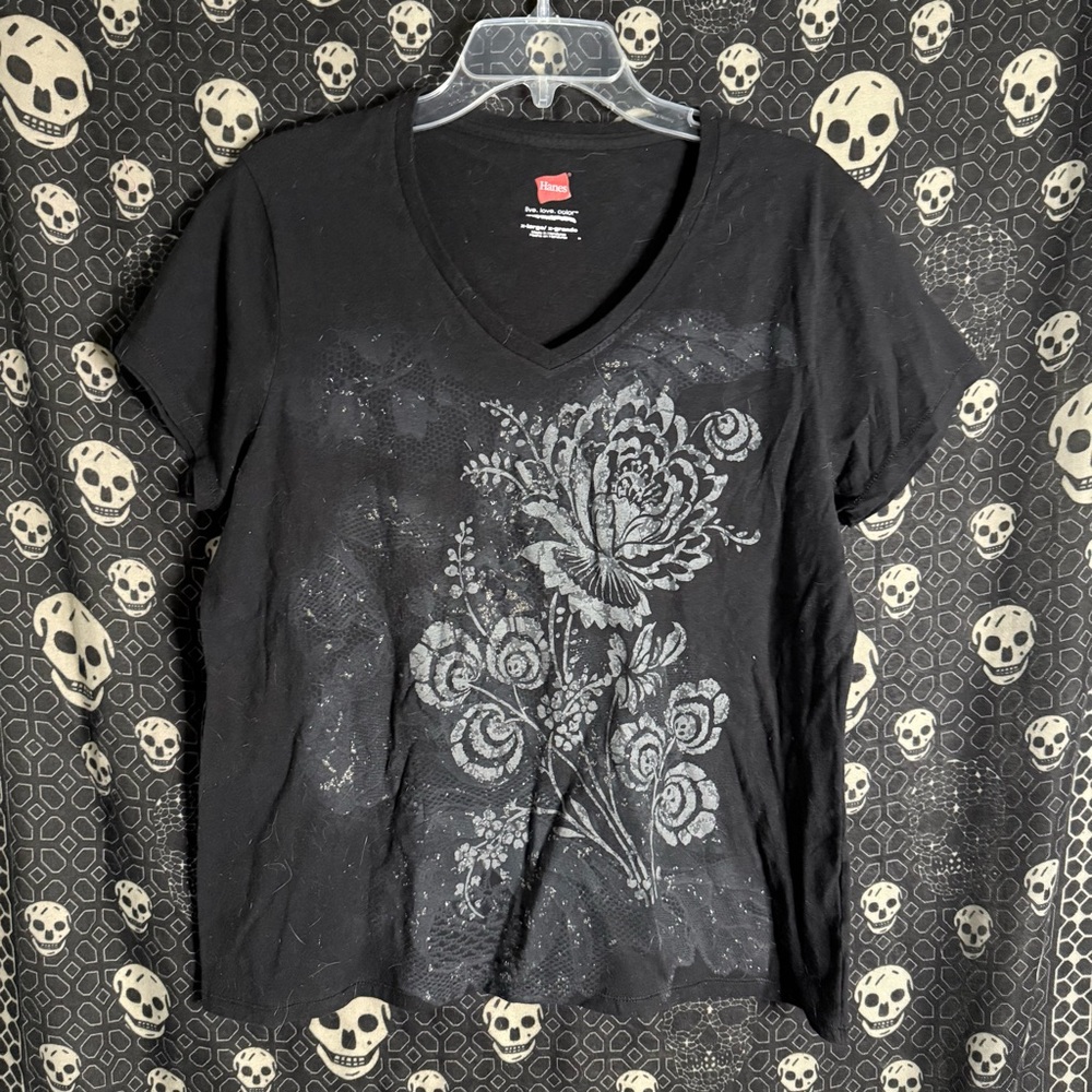 Hanes Black Floral Graphic Short Sleeve Tee